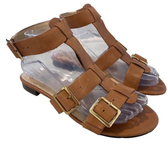 Caio Bella Gladiator Sandals Brown Leather Gold Buckle Womens 8 Flat Ankle Strap - Picture 1 of 7